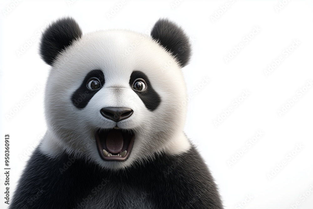 A dynamic 3D of a panda in a close up view, displaying its adorable and peaceful nature. The panda is set against a stark white background with smooth, bright lighting that A dynamic 3D of a panda in a close up view, displaying its adorable and peaceful nature. The panda is set against a stark white background with smooth, bright lighting that