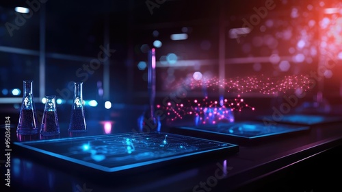 Futuristic laboratory with glowing equipment and abstract particles, ideal for science and technology themes.