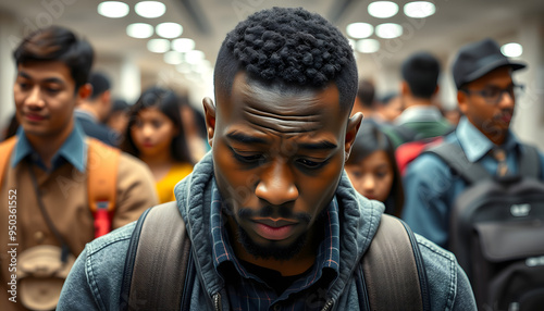 Bullying, depression and sad university student, black man and mental health problems in busy college. Social anxiety, depressed and lonely campus guy, loser and victim fail in school youth educatio photo