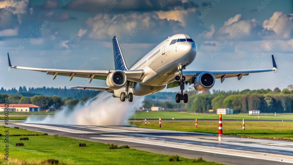 Airplane lifting off the runway during takeoff , aviation, aircraft, flying, departure, ascent, taking off, travel Airplane lifting off the runway during takeoff , aviation, aircraft, flying, departure, ascent, taking off, travel