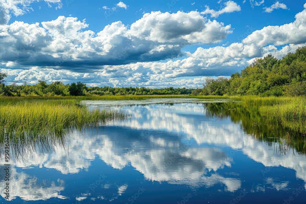 A Serene Wetland Reflection: Nature's Beauty Embraced by Calm Waters and Stunning Cloudy Skies in Perfect Harmony A Serene Wetland Reflection: Nature's Beauty Embraced by Calm Waters and Stunning Cloudy Skies in Perfect Harmony