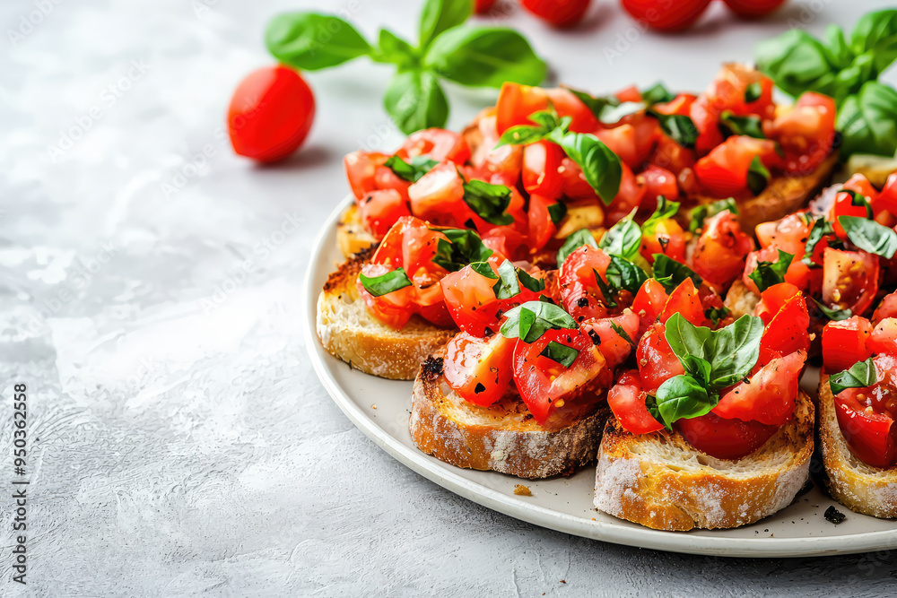 A Vibrant Platter of Bruschetta with Juicy Tomatoes and Fresh Basil, Perfectly Crafted for a Summer Gathering or Feast. A Vibrant Platter of Bruschetta with Juicy Tomatoes and Fresh Basil, Perfectly Crafted for a Summer Gathering or Feast.