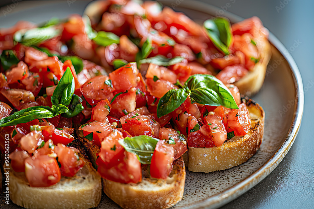 A Delicious Platter of Bruschetta with Fresh Tomatoes and Fragrant Basil Perfect for Any Gathering or Romantic Dinner.