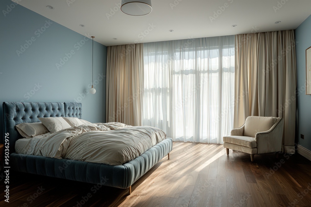 Serene bedroom with blue walls, wooden floor, white curtains, plush bed, and minimalist light. Serene bedroom with blue walls, wooden floor, white curtains, plush bed, and minimalist light.