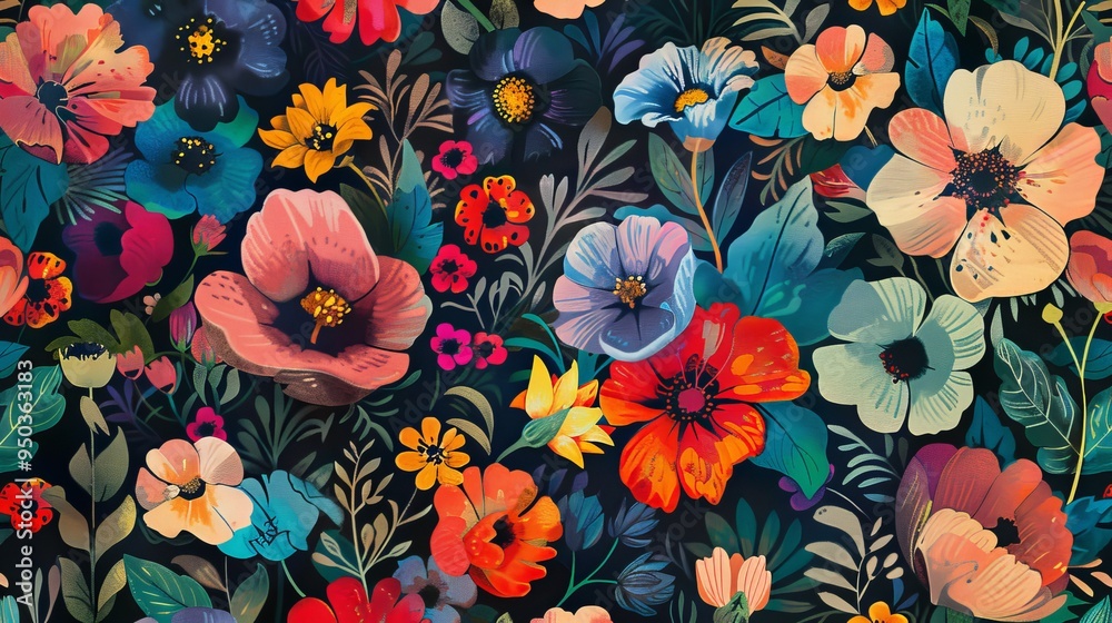 Vibrant Floral Pattern on Dark Background Vibrant Floral Pattern on Dark Background