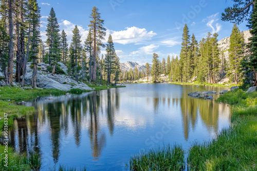 Tranquil Alpine Lake Nestled Amidst Towering Pines and Majestic Mountains Reflecting in Serene Waters