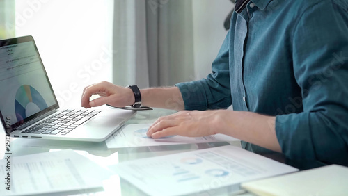 Cuadro en lienzo Professional working at laptop with data analysis charts