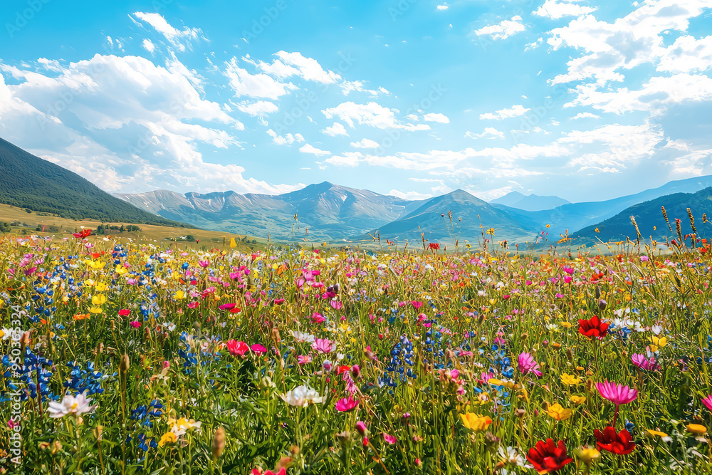 Fototapeta premium A breathtaking expanse of wildflowers bursts with color beneath a clear blue sky, inviting nature's beauty in full view.