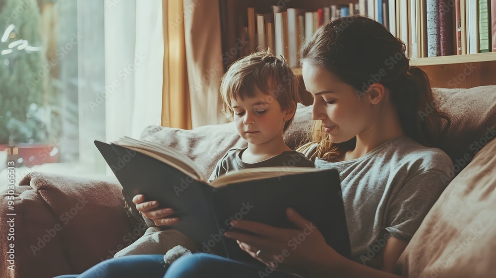 Mother and son reading a book together Mother and son reading a book together