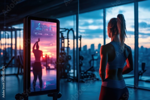 A fitness enthusiast in a contemporary gym environment checks her digital workout metrics on an advanced display screen, highlighting the fusion of exercise and technology. photo