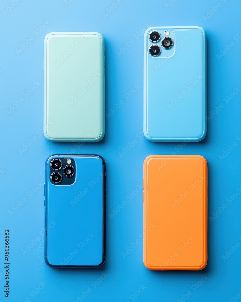Colorful smartphone cases arranged on a vibrant blue background, showcasing modern design and trendy hues for tech enthusiasts. Colorful smartphone cases arranged on a vibrant blue background, showcasing modern design and trendy hues for tech enthusiasts.