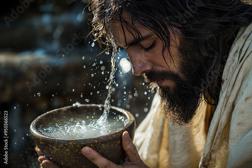 Witness the profound moment as water transforms, a symbol of faith and renewal captured in a serene, spiritual ambiance of nature. photo