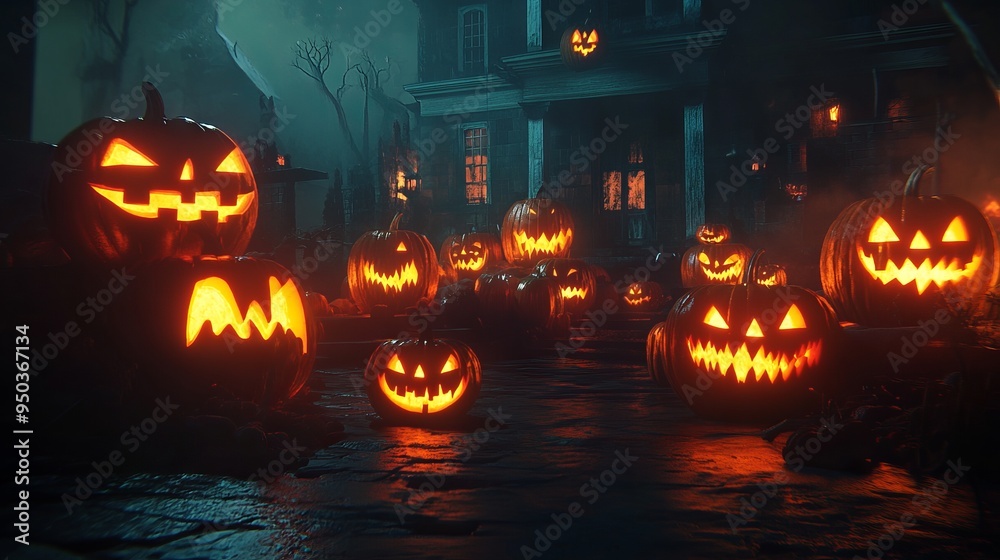 Spooky Jack-O-Lanterns in Dark Halloween Scene. AI generated illustration Spooky Jack-O-Lanterns in Dark Halloween Scene. AI generated illustration