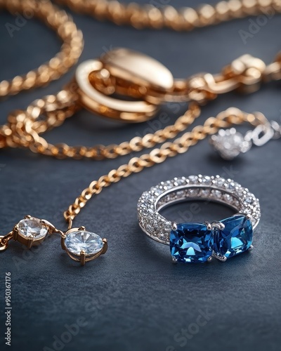 Elegant jewelry arrangement featuring a stunning blue gemstone ring and sparkling accessories on a dark surface.