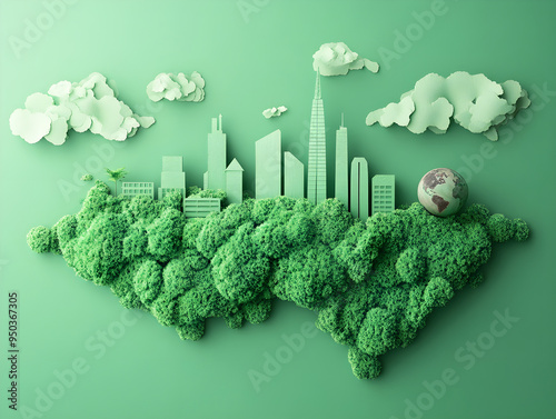 A stylized illustration of a city skyline enveloped by lush greenery, symbolizing eco-friendly urban living and sustainability. photo