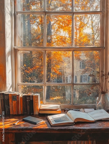 Academic Desk with Books and Notebook in a Quaint English Major Setting. AI generated illustration. photo