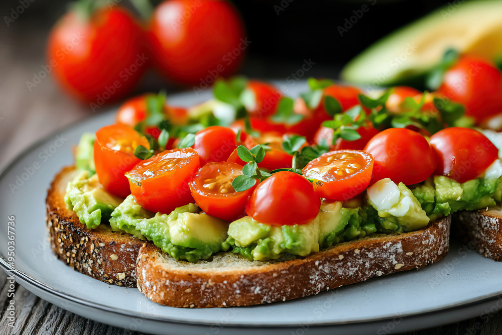 A vibrant, healthy avocado toast topped with fresh cherry tomatoes and herbs on whole grain bread, perfect for a nutritious meal. A vibrant, healthy avocado toast topped with fresh cherry tomatoes and herbs on whole grain bread, perfect for a nutritious meal.