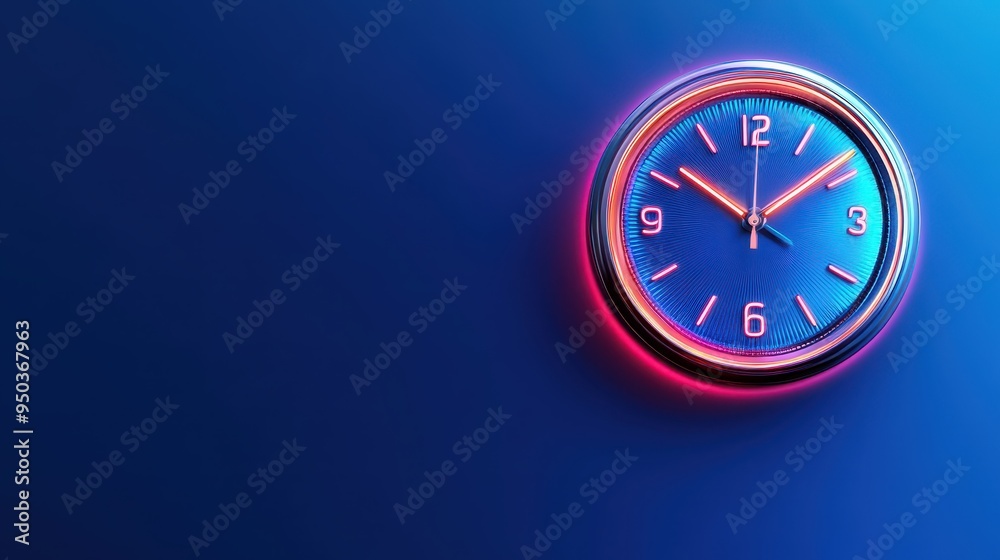 Modern wall clock with vibrant blue background and glowing neon accents, perfect for contemporary decor and time management themes. Modern wall clock with vibrant blue background and glowing neon accents, perfect for contemporary decor and time management themes.