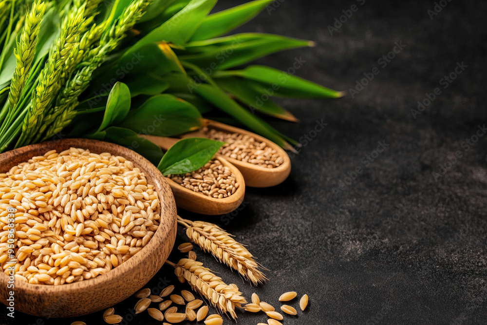 Close-up of grains and green rice plants on a dark background, perfect for food, health, and agriculture-related themes. Close-up of grains and green rice plants on a dark background, perfect for food, health, and agriculture-related themes.