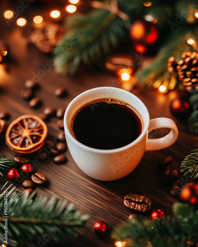 Cozy coffee cup surrounded by festive decor, capturing the warmth of the season with pine, lights, and holiday charm.