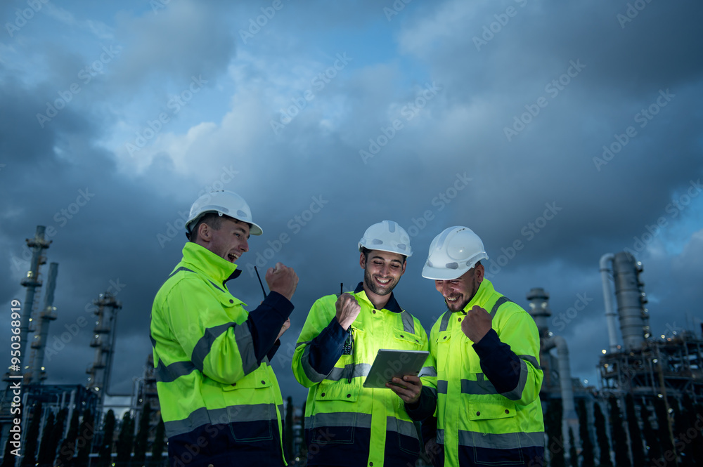 Fototapeta premium Refinery industry, engineer working with tablet at oil and gas refinery plant industry factory