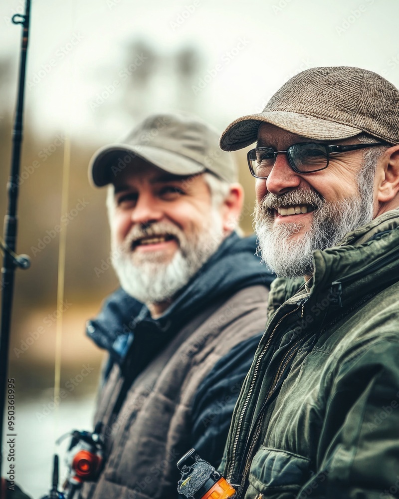 Fototapeta premium Big game fishing. fly fish hobby of men. retirement fishery. happy fishermen friendship. Two male friends fishing together. Catching and fishing. retired dad and mature bearded son.