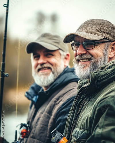 Big game fishing. fly fish hobby of men. retirement fishery. happy fishermen friendship. Two male friends fishing together. Catching and fishing. retired dad and mature bearded son.