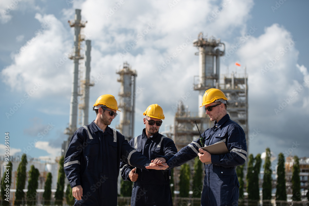 Fototapeta premium Refinery industry, engineer working in industrial production, oil and gas refinery plant industry factory