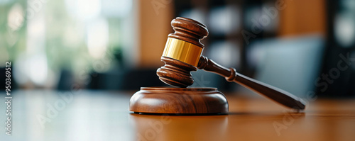 A detailed image of a judge's wooden gavel on a desk, symbolizing law, justice, and legal proceedings in a courtroom setting. photo