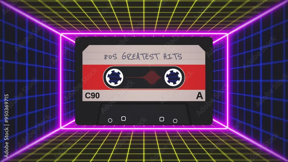 Set of two classic audio cassette tape animations with turning reels, audio spectrum and 3D grid animation in 80s retro style and glowing neon colors, concepts, ideas, 4k, seamless loopable elements