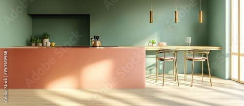 Hunter green walls and coral quartz countertops enhance the ultra-modern kitchen with its minimalist style and maple floors. photo