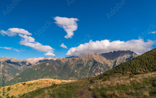 Panoramic landscape with a path in the mountains, on a sunny day. In Pirineos, Huesca (Spain).