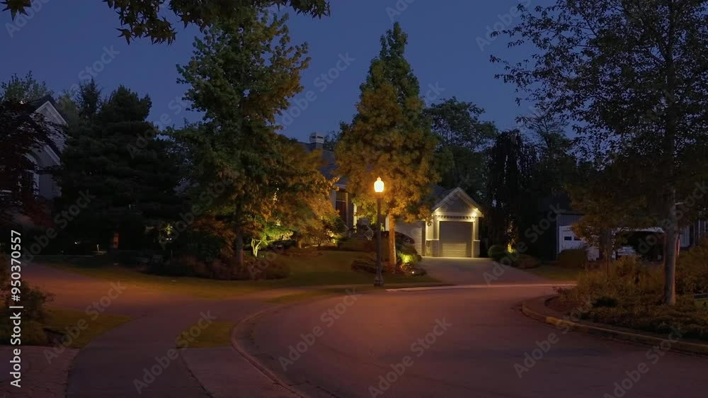 Establishing shot of two story stucco luxury house with garage door, big tree and nice landscape at night in Vancouver, Canada, North America. Night time on June 2024. ProRes 422 HQ. Establishing shot of two story stucco luxury house with garage door, big tree and nice landscape at night in Vancouver, Canada, North America. Night time on June 2024. ProRes 422 HQ.