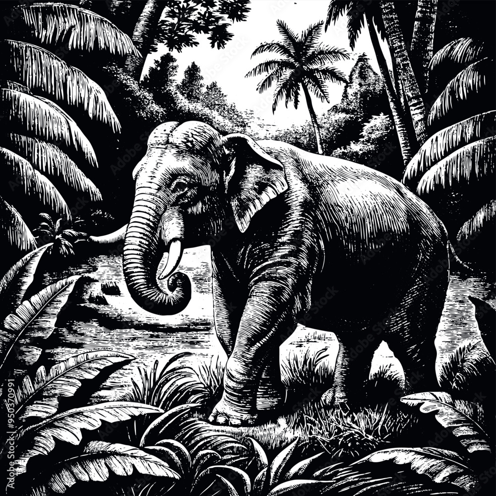 Asia elephant engraved vector