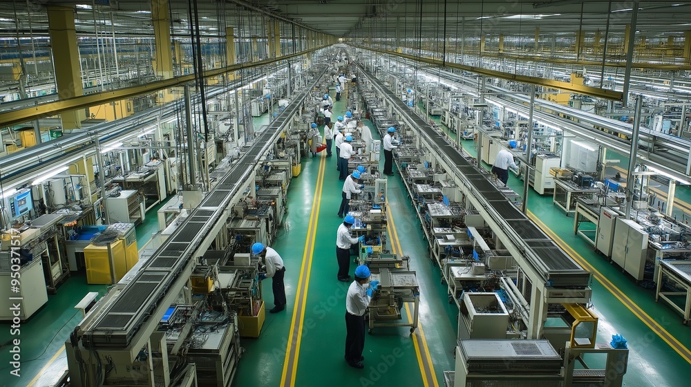 Fototapeta premium panoramic view of a factory floor, with rows of assembly lines and workers