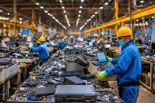 Workers dressed in safety gear process a large quantity of electronic waste in a busy recycling facility, disassembling and sorting various electronic components. photo