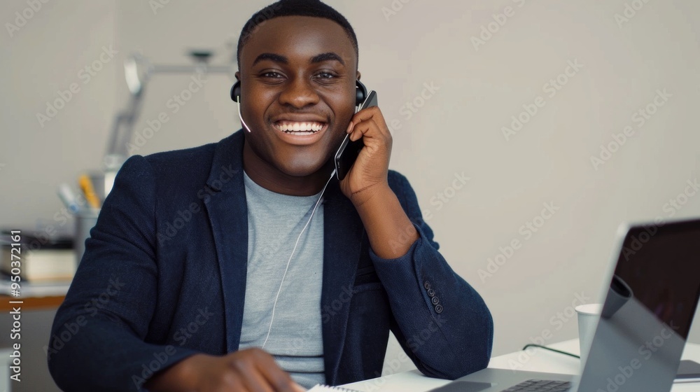 A man wearing a suit and a blue jacket is talking on a cell phone A man wearing a suit and a blue jacket is talking on a cell phone
