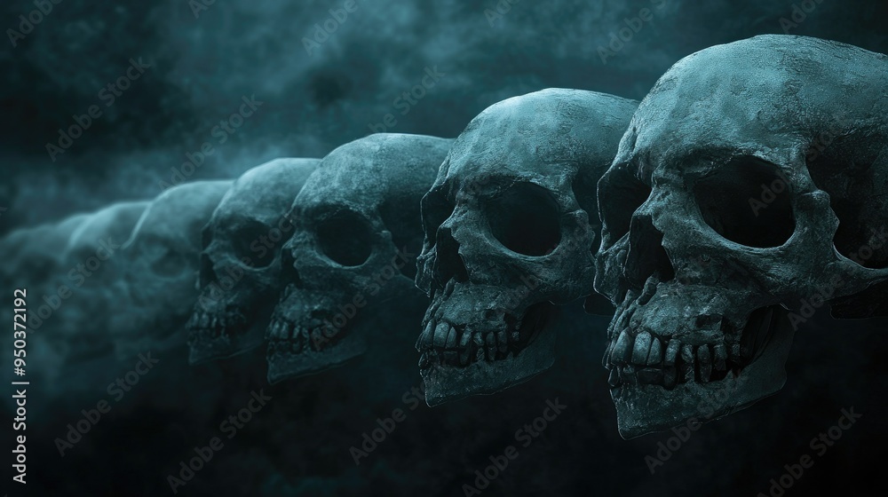 A row of spooky skulls lined up on a dark, misty background, with faint glimmers of moonlight for a Halloween vibe. A row of spooky skulls lined up on a dark, misty background, with faint glimmers of moonlight for a Halloween vibe.