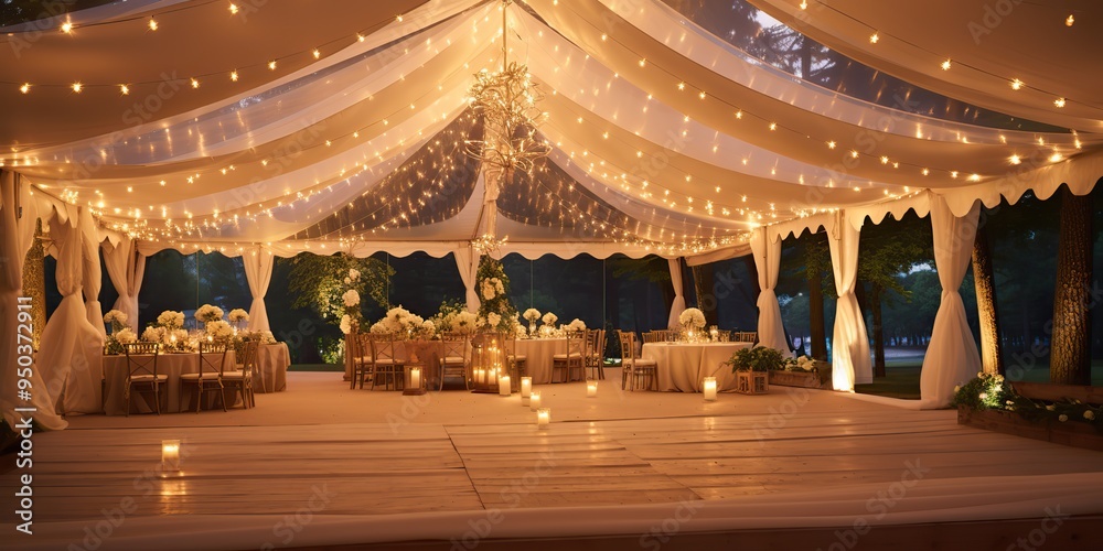 Obraz premium Wedding garden with many bulb lights chairs, tables and flowers decoration scene view