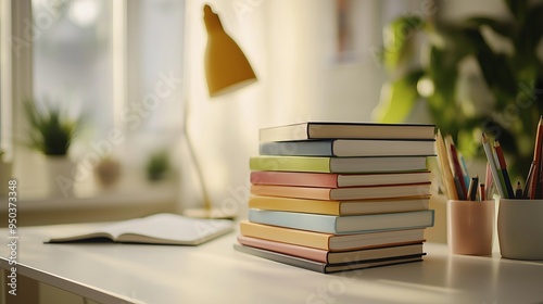 stack of colorful books on a minimalist white desk, bathed in soft, diffused light