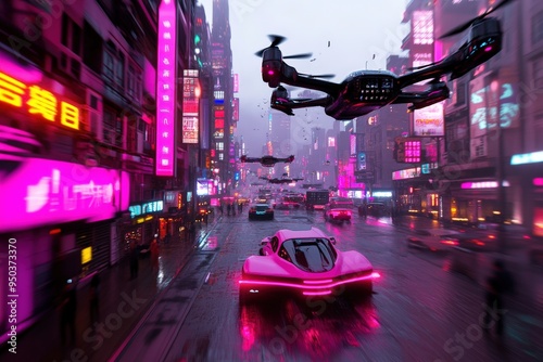 A drone flies over a futuristic city street at night filled with neon lights and high-tech vehicles, capturing the urban life and the advanced cityscape. photo