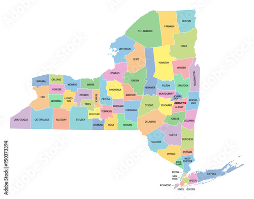 New York, U.S. state, subdivided into 62 counties, multi colored political map with capital Albany, borders and county names. State in the New England region of the United States. The Empire State.