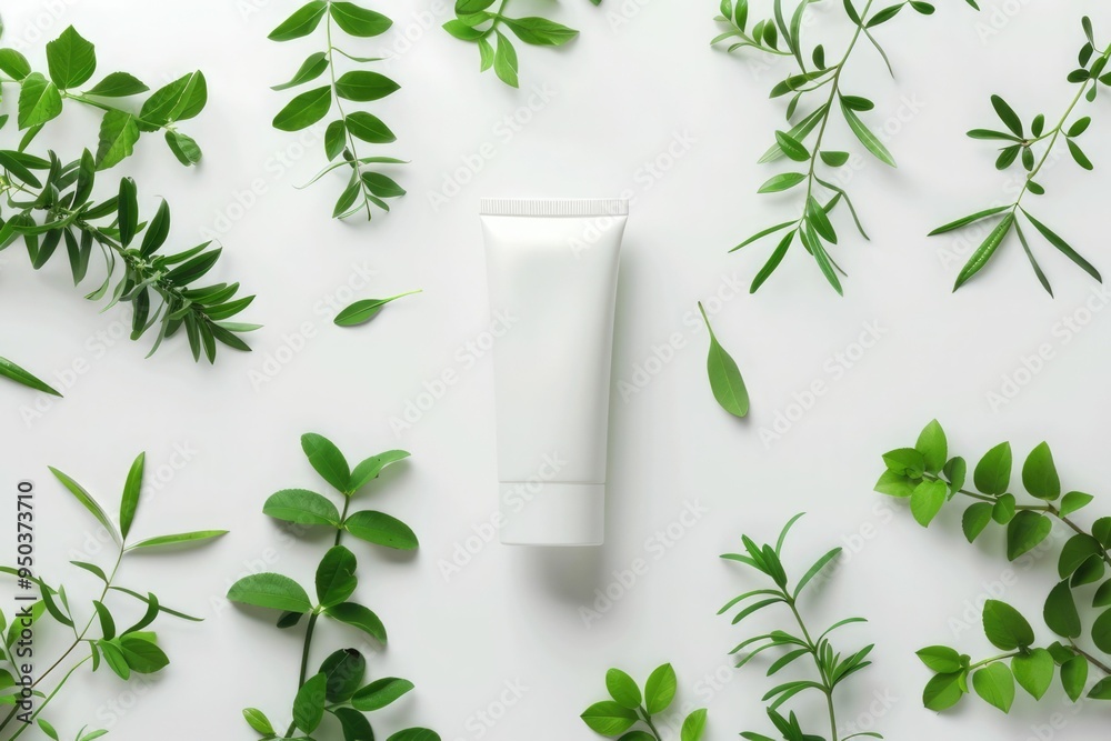 white blank cosmetic tube with green plant. product design mockup. top view white blank cosmetic tube with green plant. product design mockup. top view