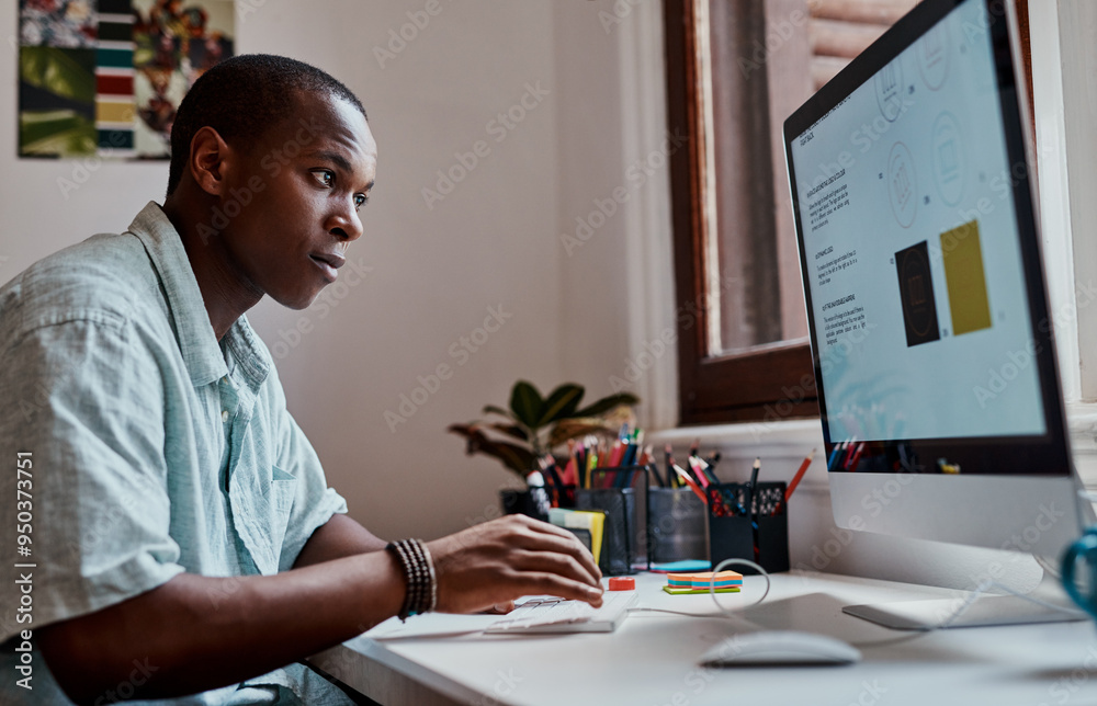 Business, black man and typing on computer in office for research online or creative logo at startup. Graphic designer, keyboard or working on project for social media platform, website or reading Business, black man and typing on computer in office for research online or creative logo at startup. Graphic designer, keyboard or working on project for social media platform, website or reading