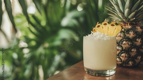 Tropical cocktail with pineapple and coconut, close-up on a wooden table against a green plant background