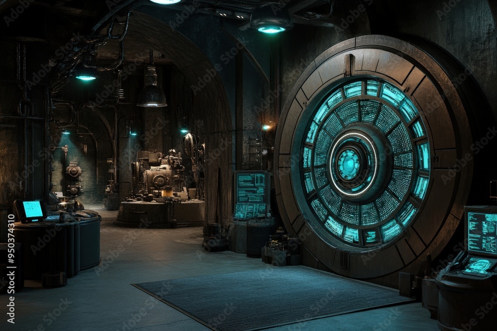 Fototapeta premium A high-tech control room filled with futuristic technology, illuminated by neon lights, showcases advanced machinery and computer systems in a modern industrial setting.