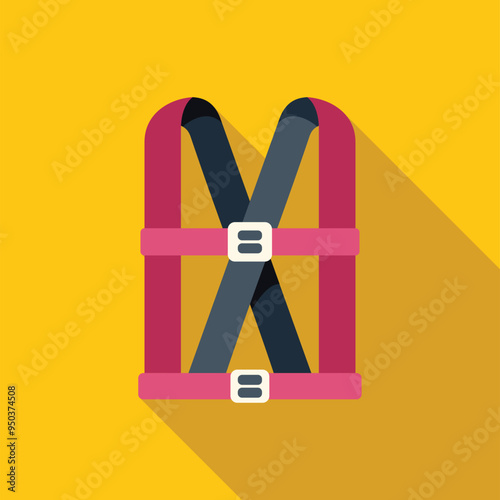 Pink safety harness with buckles, for working at height, with long shadow on yellow background