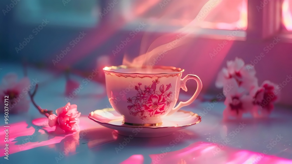 White china teacup with pink rose and cookies on saucer, isolated on black background