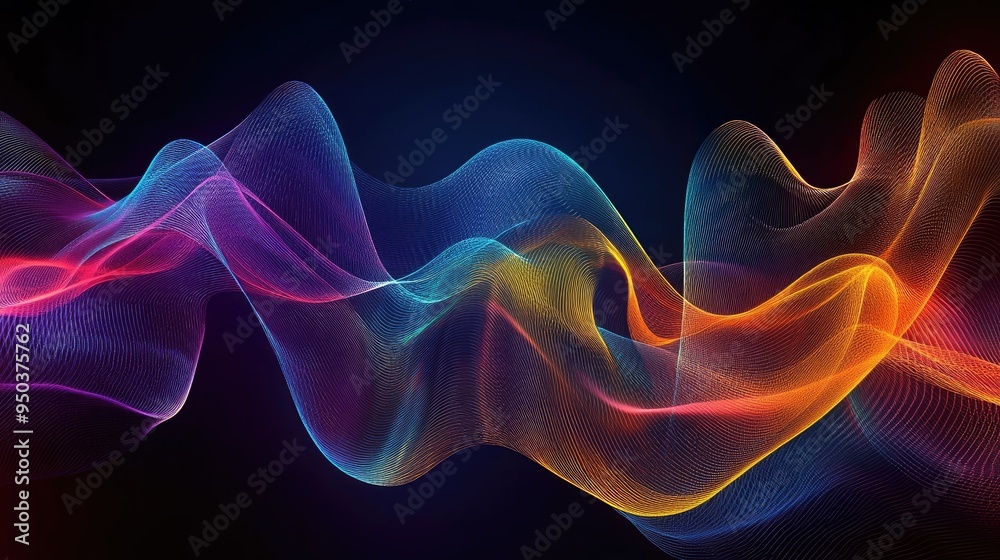 Fototapeta premium Abstract wave of colorful lines flowing across a dark background, creating a sense of motion and energy