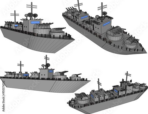 Vector sketch illustration of the design of a battleship war vehicle with complete cannon weapons on the high seas 